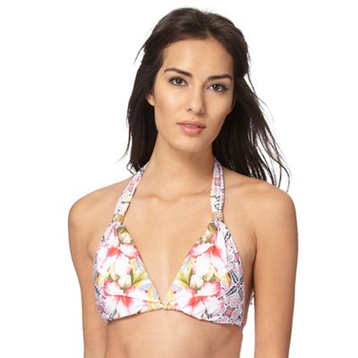 Multi-coloured tropical floral print halter neck bikini top